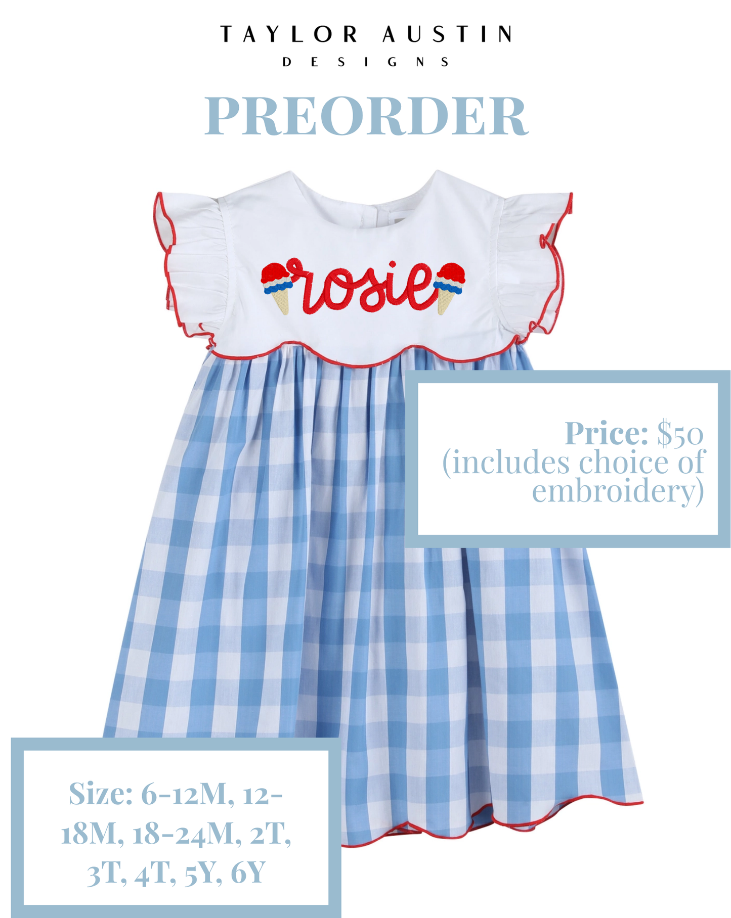 Embroidered Girls Summer Patriotic Fourth of July Scalloped Dress or Bubble