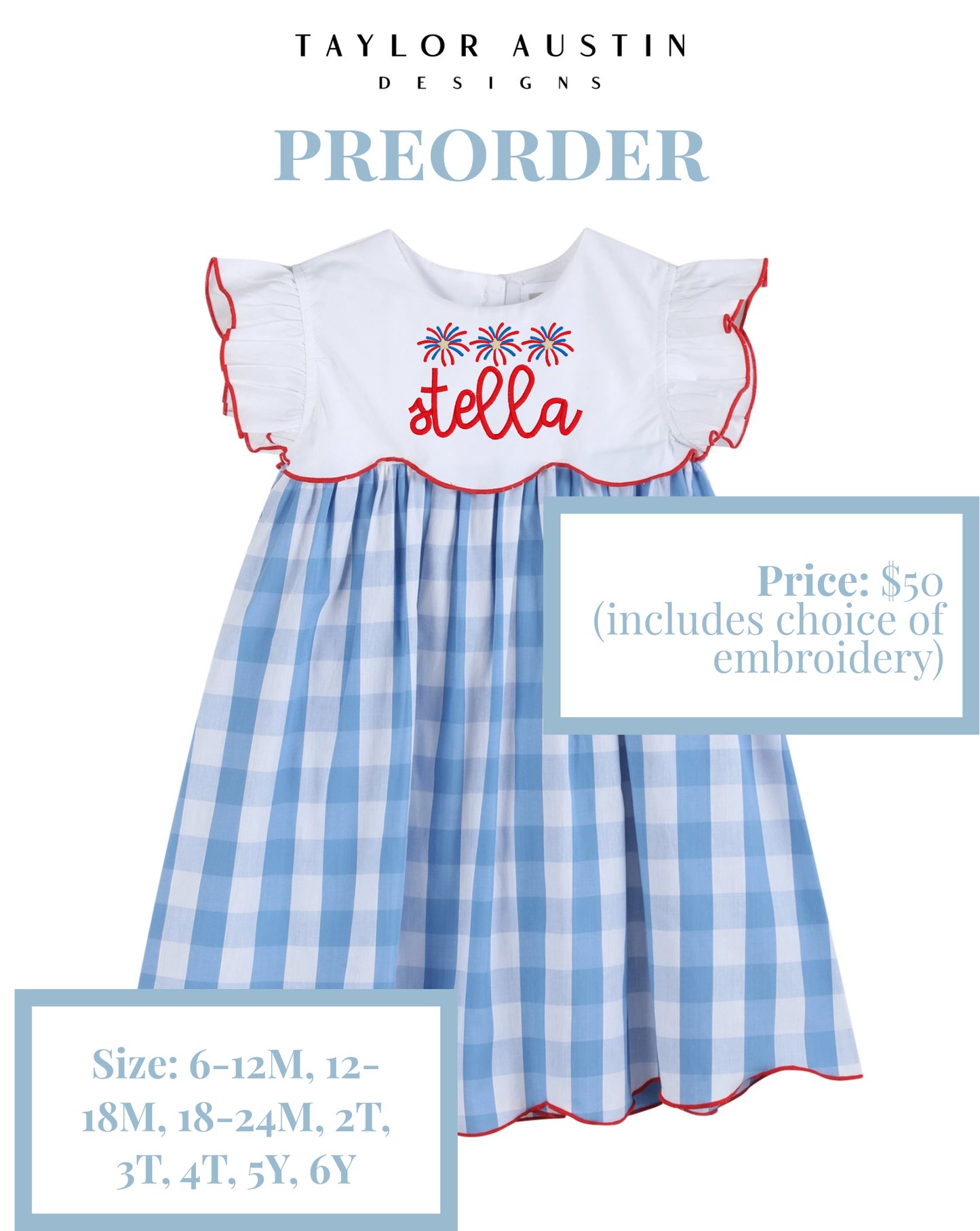 Embroidered Girls Summer Patriotic Fourth of July Scalloped Dress or Bubble