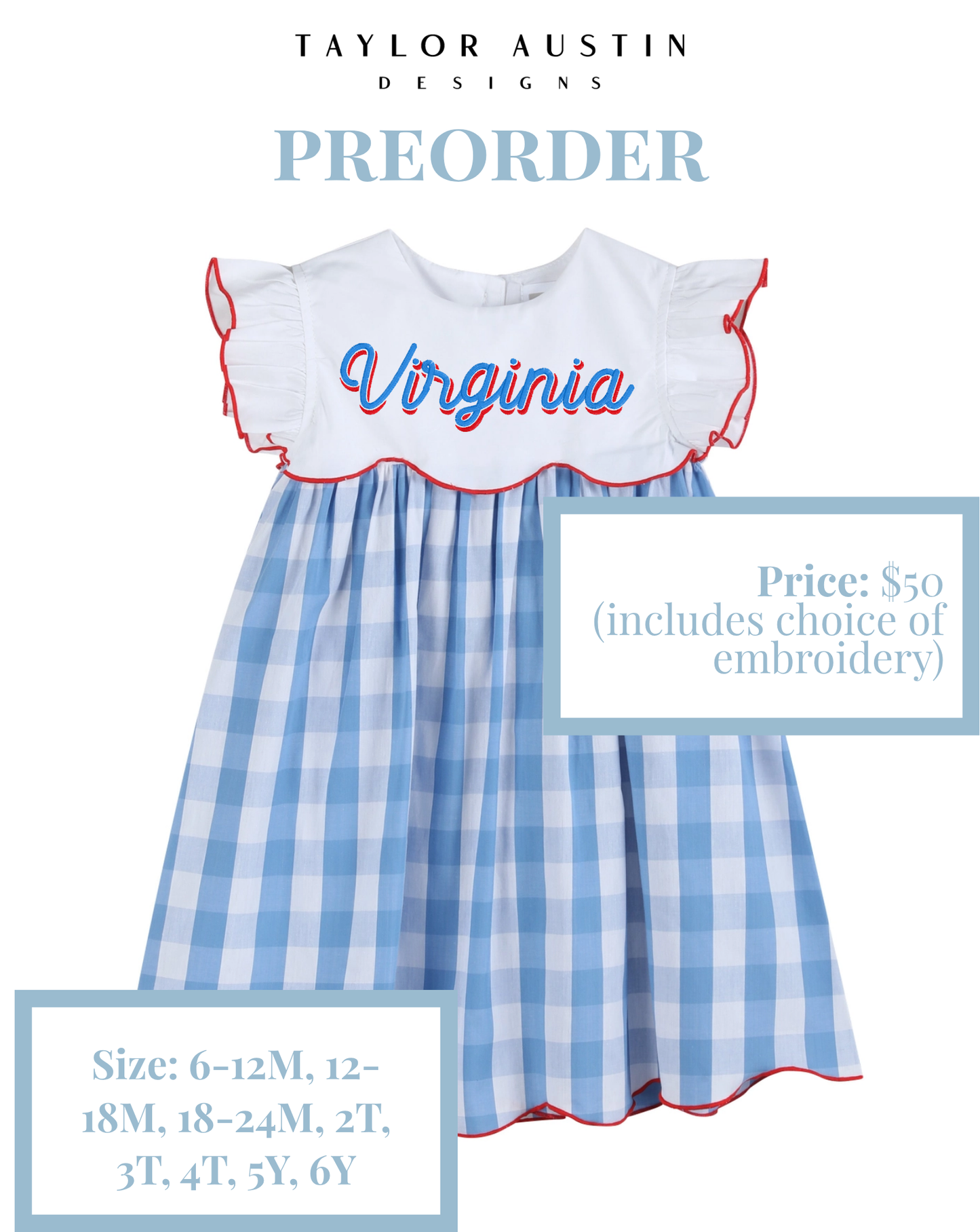 Embroidered Girls Summer Patriotic Fourth of July Scalloped Dress or Bubble
