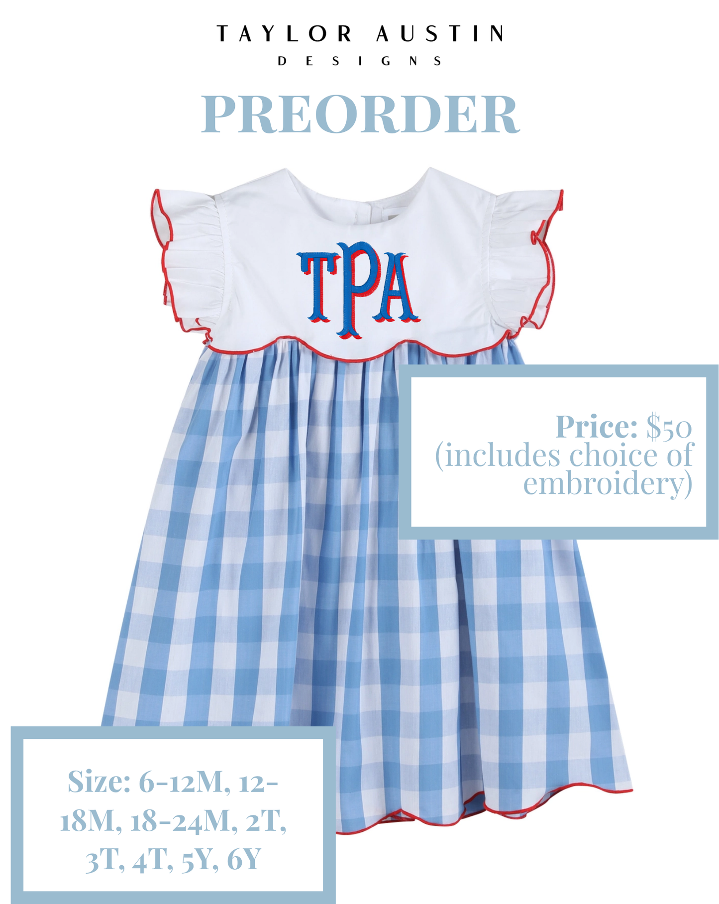 Embroidered Girls Summer Patriotic Fourth of July Scalloped Dress or Bubble