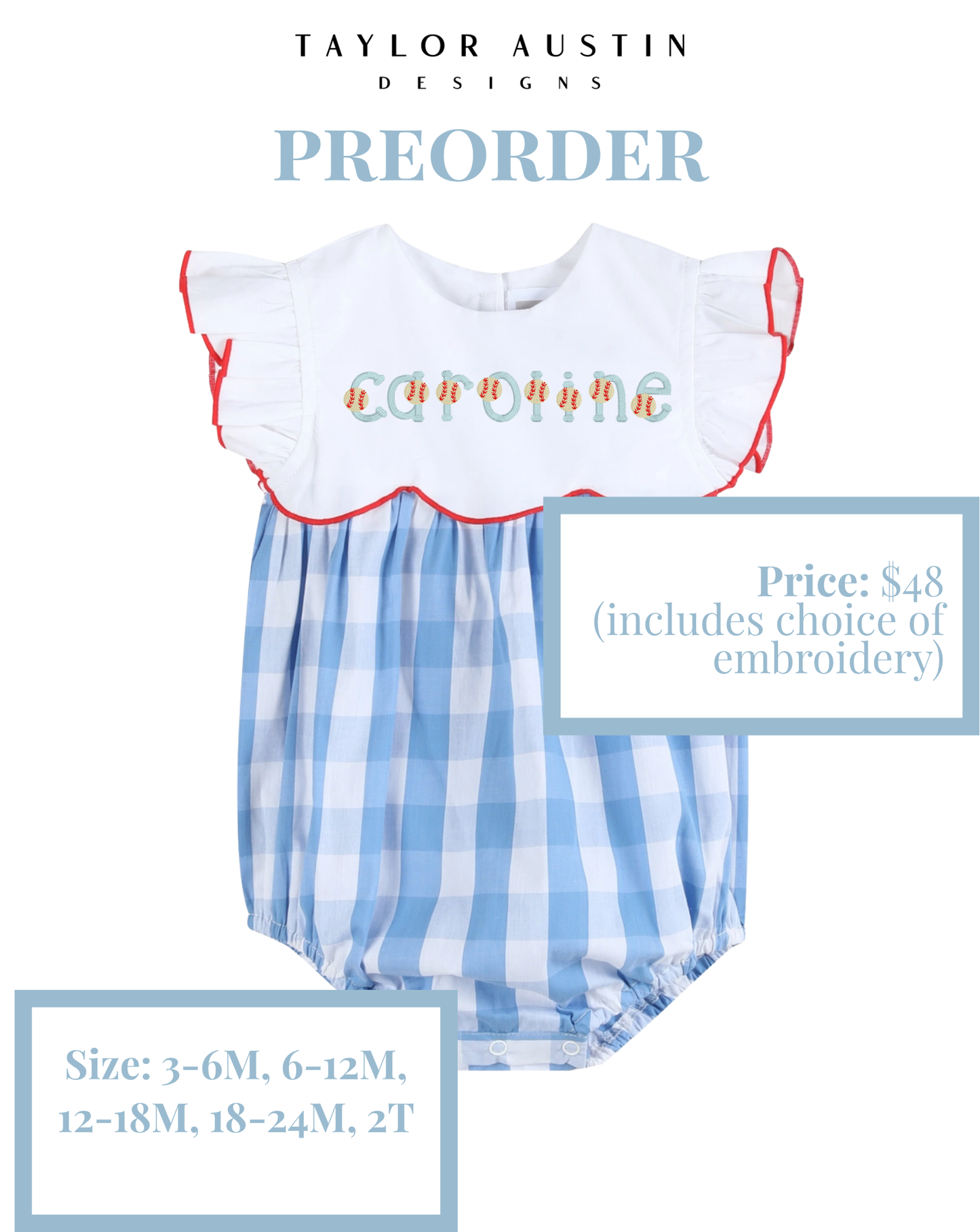 Embroidered Girls Summer Patriotic Fourth of July Scalloped Dress or Bubble