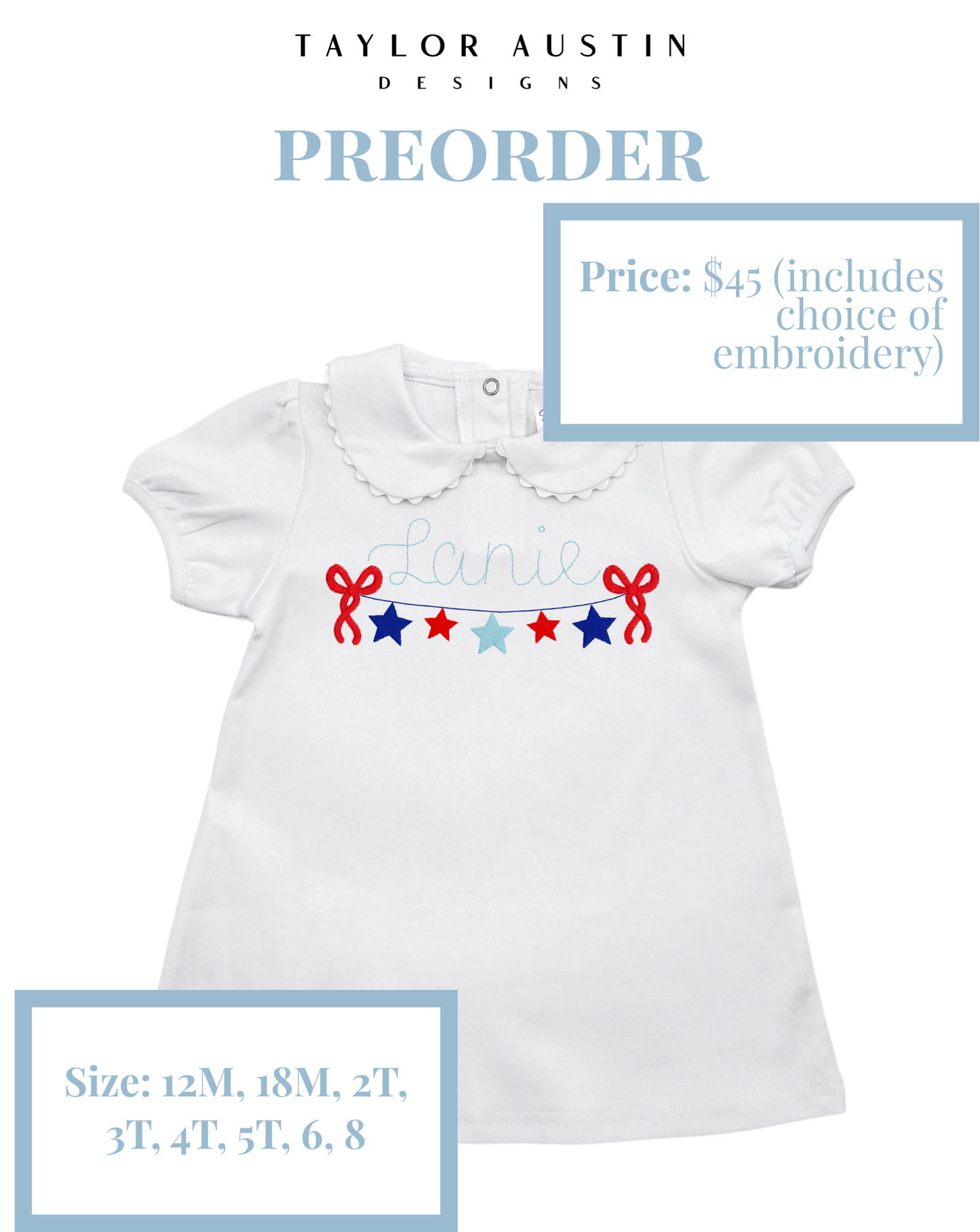 Embroidered Girls Summer Fourth of July Patriotic Scalloped Dress