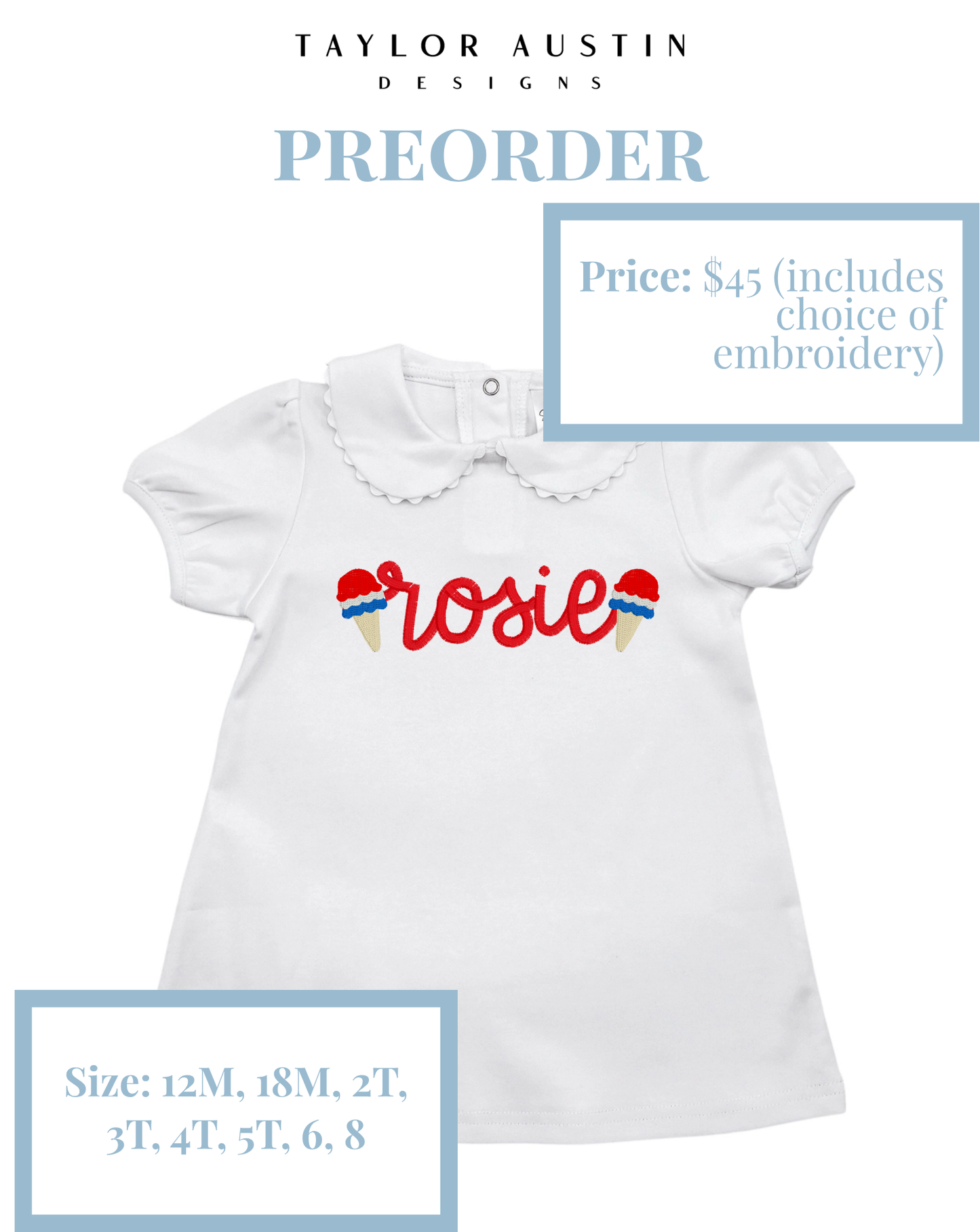 Embroidered Girls Summer Fourth of July Patriotic Scalloped Dress