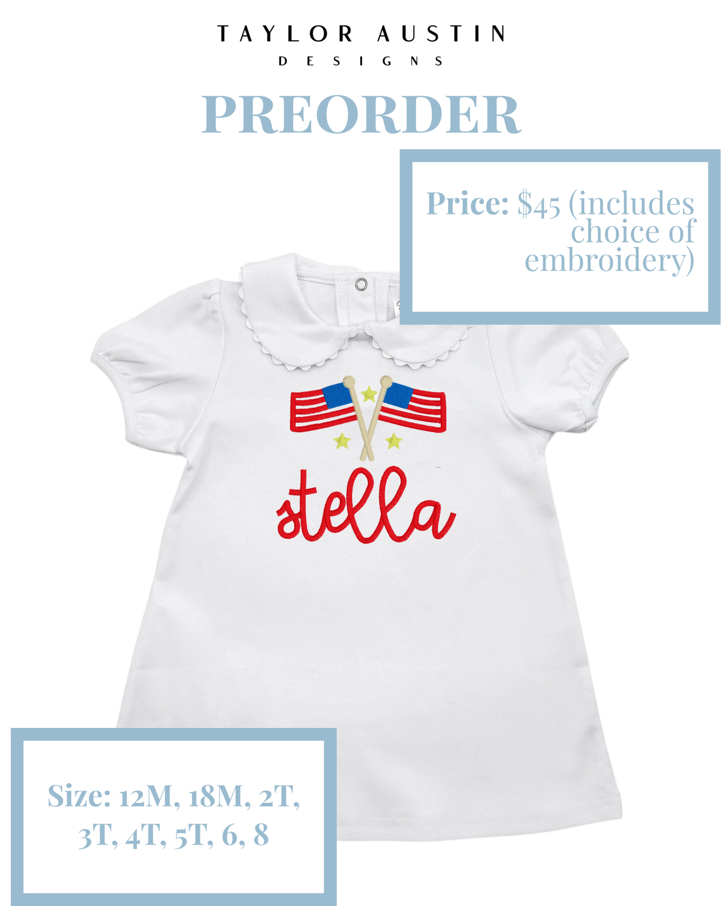 Embroidered Girls Summer Fourth of July Patriotic Scalloped Dress