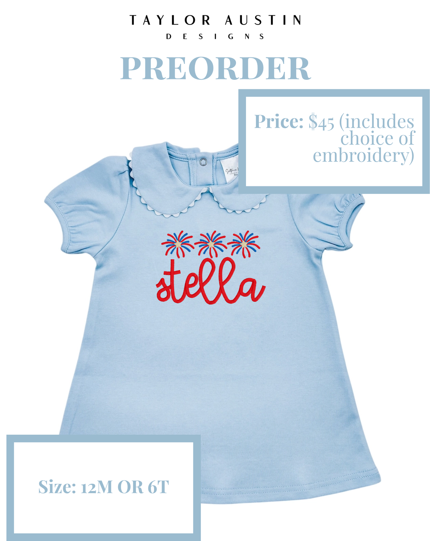 Embroidered Girls Summer Fourth of July Patriotic Scalloped Dress