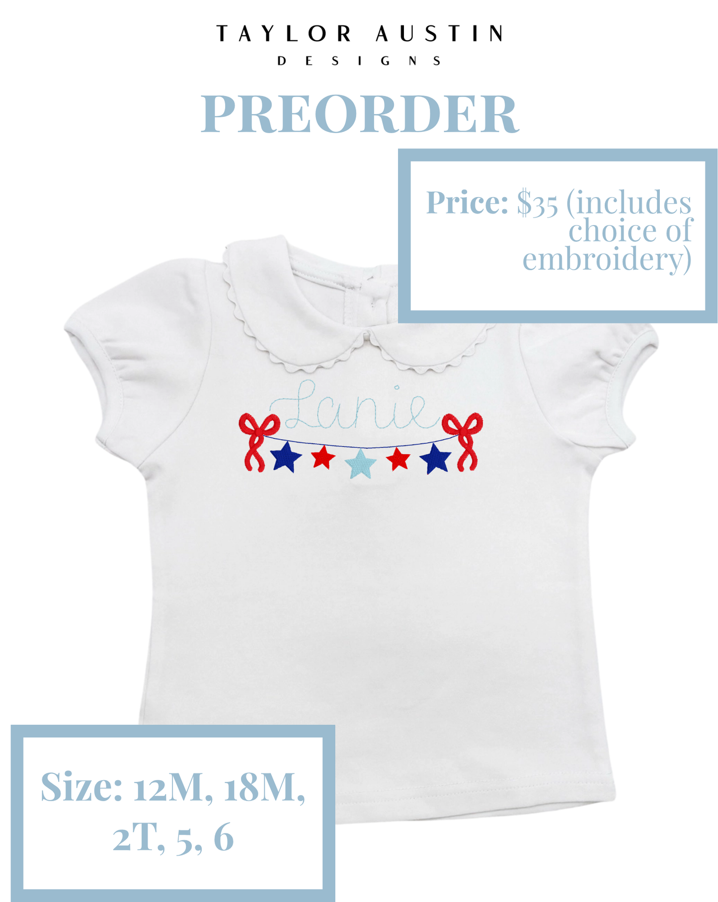 Embroidered Girls Summer Fourth of July Patriotic Scalloped Shirt
