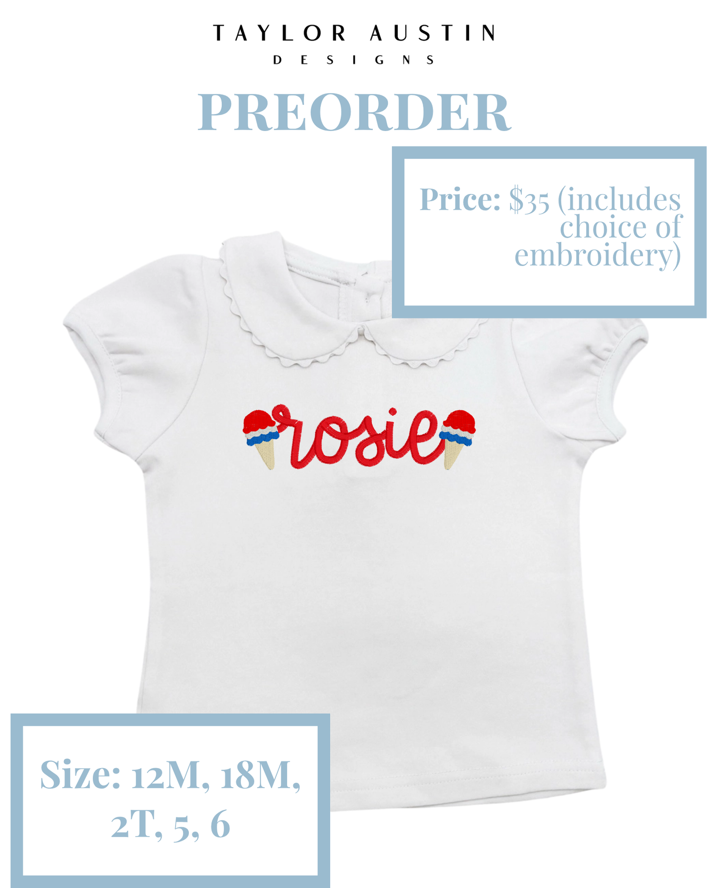 Embroidered Girls Summer Fourth of July Patriotic Scalloped Shirt