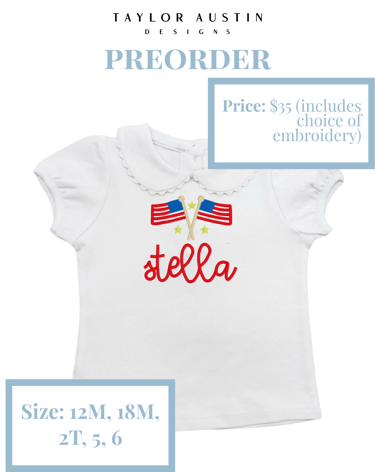 Embroidered Girls Summer Fourth of July Patriotic Scalloped Shirt