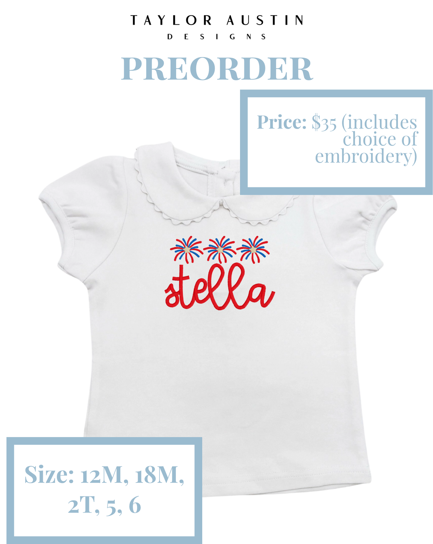 Embroidered Girls Summer Fourth of July Patriotic Scalloped Shirt