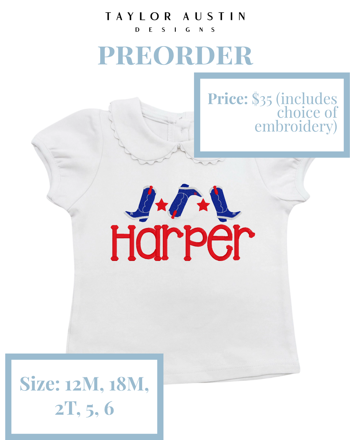 Embroidered Girls Summer Fourth of July Patriotic Scalloped Shirt