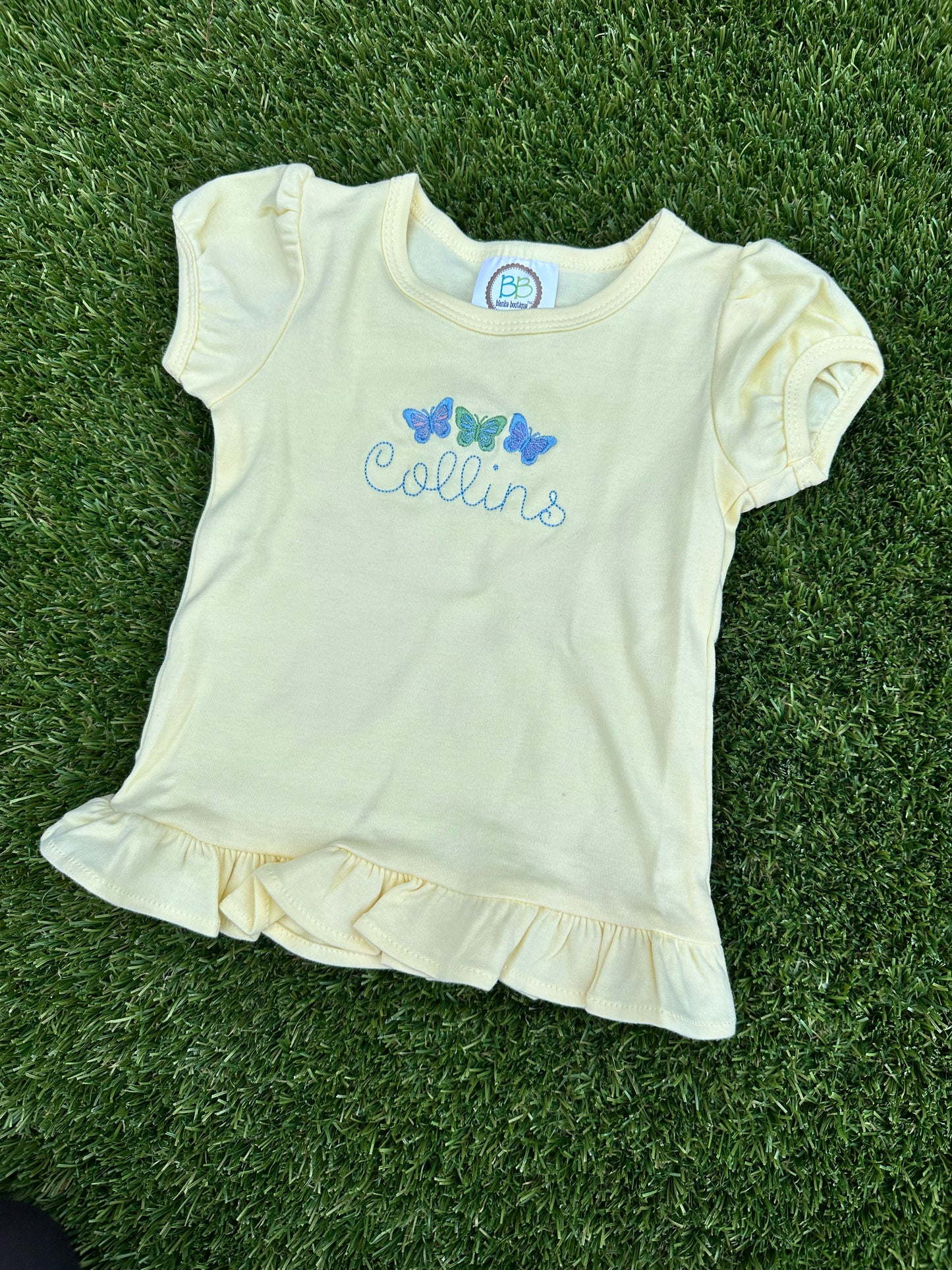 Embroidered Name Short Sleeve Girls with Butterflies