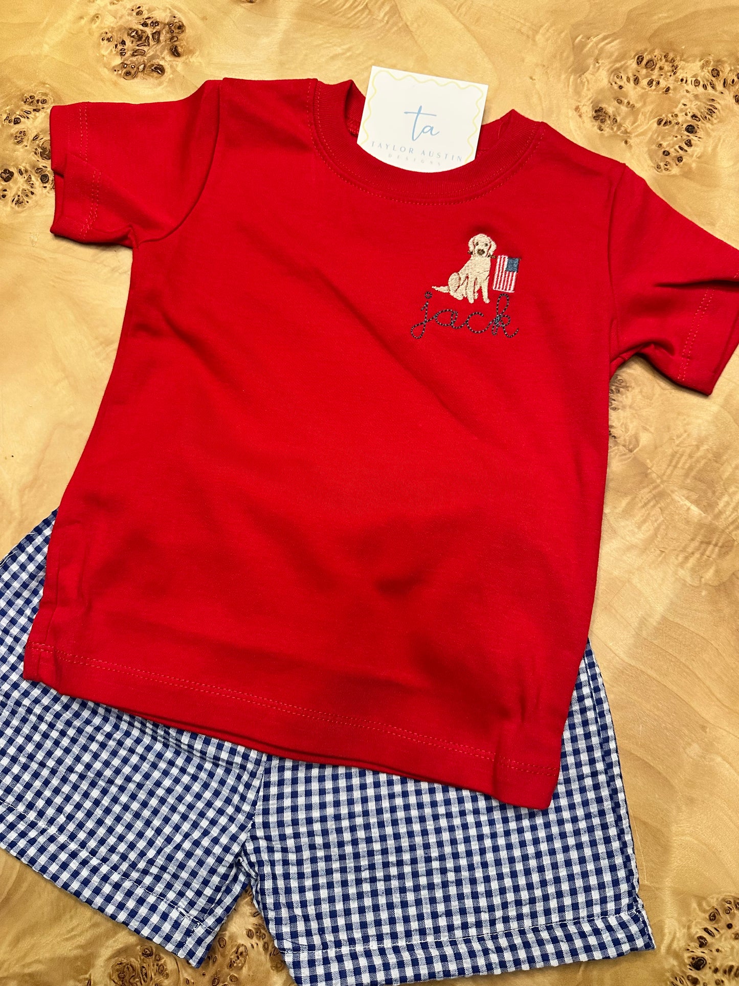 Embroidered Short Sleeve Boys T-Shirt with Patriotic Dog for 4th of July