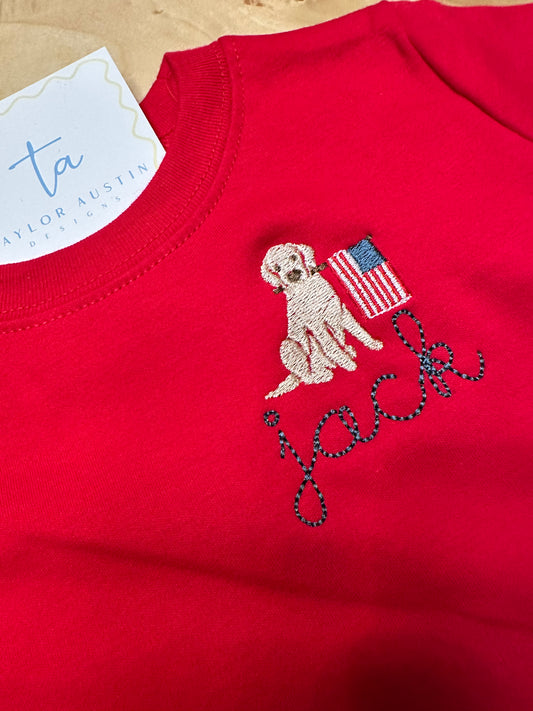 Embroidered Short Sleeve Boys T-Shirt with Patriotic Dog for 4th of July