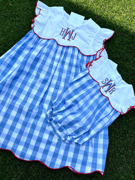 Embroidered Girls Summer Patriotic Fourth of July Scalloped Dress or Bubble